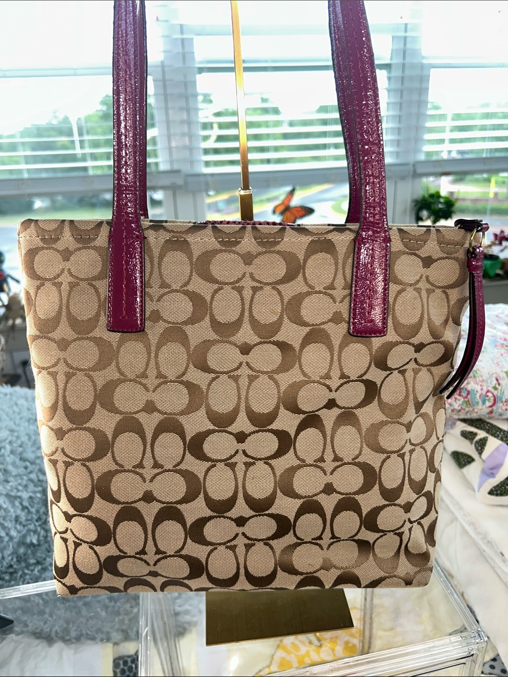 Coach Tan Signature Tote with Plum Patent Python Stripe 10.5”x 3.5”x 10.75” EUC - Picture 7 of 8